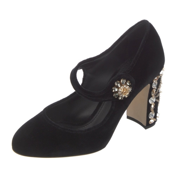DOLCE & GABBANA Velvet Suede Crystal Embellishments Mary Jane Pumps  38.5 - Picture 2 of 16